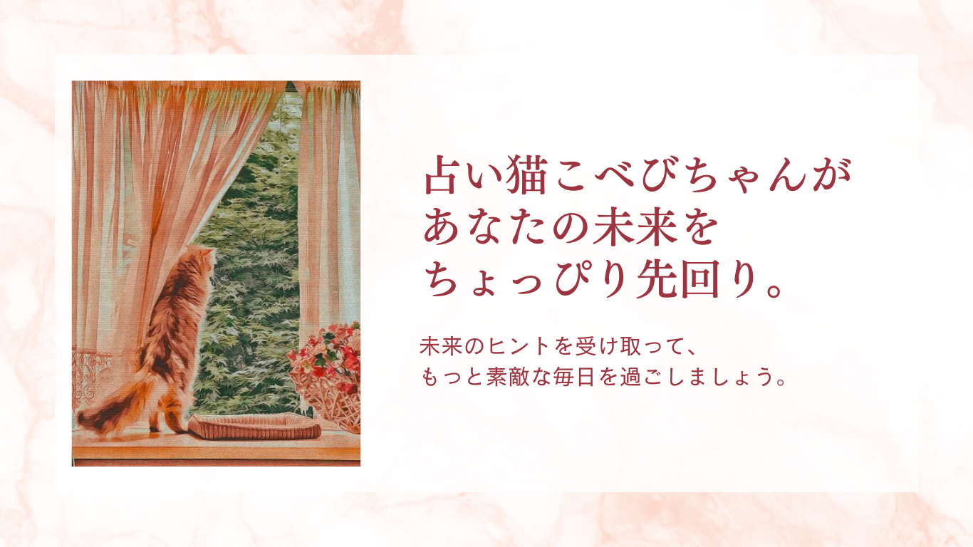 占い猫こべびちゃんがあなたの未来をちょっぴり先回り。未来のヒントを受け取って、もっと素敵な毎日を過ごしましょう。