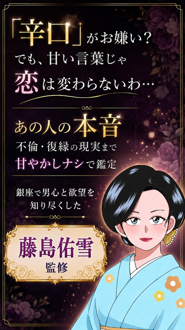 「辛口」がお嫌い?でも、甘い言葉じゃ恋は変わらないわ。あの人の本音・不倫・復縁の現実まで甘やかしナシで鑑定。銀座で男心と欲望を知り尽くした、藤島佑雪監修